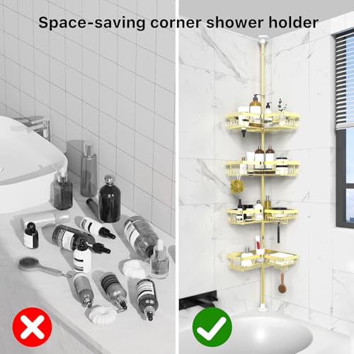 Image of KEGII Corner Gold Shower Caddy Tension Pole - 4-Tier Rustproof Shower Rod Organizer, Floor to Ceiling Tension Rod 25-114.2 inch, Stainless Steel Corner Shower Shelf, Waterproof