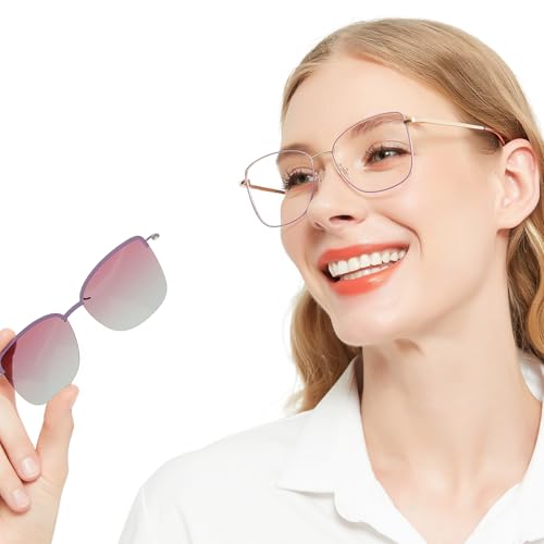 Image of Women's Large Blue Light Blocking Glasses plus Magnetic Sunglasses Clip, Easy to Switch to Shades for Driving