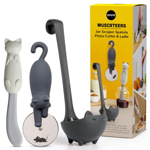 Image of OTOTO Muscateers Bundle of Mary Cat, Katie, Kitty - Jar Scraper Spatula, Soup Ladle, Pizza Cutter - Cute Kitchen Accessories, Spooky Gothic Cat Gifts for Women, Kitchen Gifts, Halloween Gifts