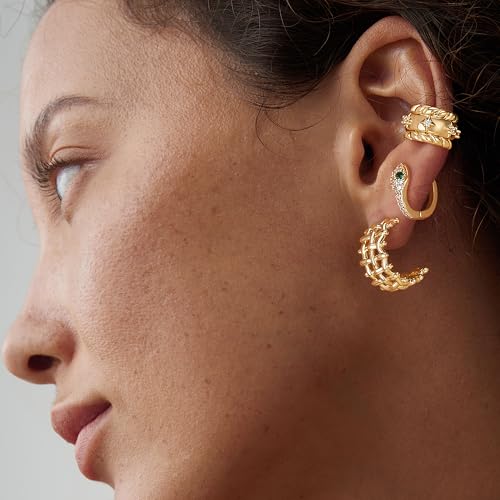FETTERO Split Hoop Earrings 14K Gold Plated Chunky Hoop Earrings for Women Dainty Hypoallergenic Half Hoop Earring Jewelry Triple Hoop Earrings
