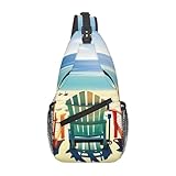 KLJnmbb Escena de playa con sillas. Bolsa cruzada estampada en diagonal, uso diario urbano