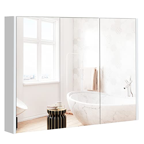 LIFEZEAL Mobiletto Bagno Salvaspazio con Contenitore, Specchio HD, Pensile Bagno Sospeso Bianco, Specchiera da Muro a 3 Ante, Armadietto, Mobile con 3 Ripiani, Moderno, in Legno (90x11x65 cm)