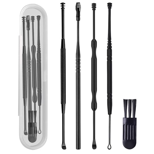 耳かき ステンレス製 コンパクト 収納ケース付き 耳掻き 耳垢クリーニング 持ちやすい 多種類の先端形状 すべりどめハンドル らせん 水洗い可能 安全衛生 イヤースプーンツール(ブラック 4個)