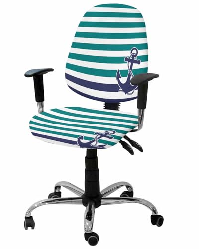 Teal Striped 2 Pieces Computer Office Chair Covers Set,Stretchable Desk Rotating Chair Seat Cushion Slipcover Back Covers,Navy Blue Nautical Anchor Lines Geometric Slipcover Back Cover Protector Cover