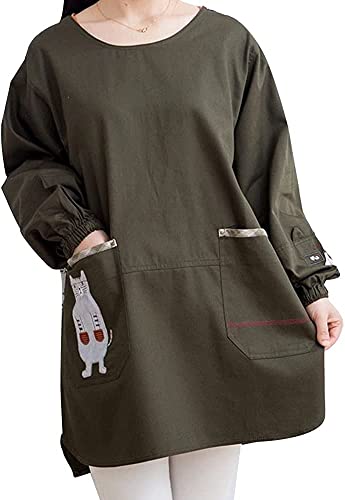 [Hedbroli] 割烹着 保育士 かっぽう着 レディース スモック かっぽうぎ 長袖エプロン 猫柄 可愛い 防水 ガーデニング/仕事用/保育園/幼稚園/作業着 ゆったり