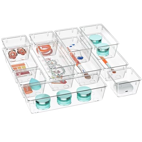 Image of WOWBOX 12 Pack Clear Drawer Organizer Set, Acrylic Drawer Storage Trays, Storage Bins for Makeup, Cosmetics, Jewelries, Utensils, Gadgets, Office