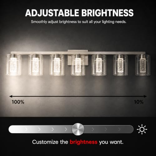 Image of 7-Light LED Vanity Light Fixtures for Bathroom,Electroplated Nickel | Bathroom Light Fixtures Over Mirror, 3 Color Lighting, Crystal Bubble Glass & Clear Glass Shade, Modern Vanity Light