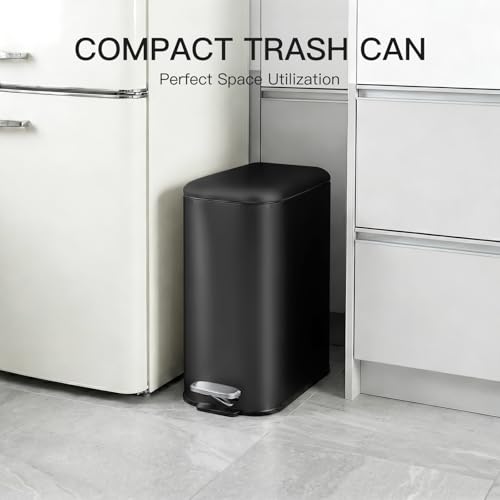 Image of GarveeHome 3.2 Gal Slim Trash Can, Step Garbage Can with Soft-Close Lid, Stainless Steel Recycling Bin Waste Container with Removable Inner Bucket for Kitchen, Bathroom, Office, Black