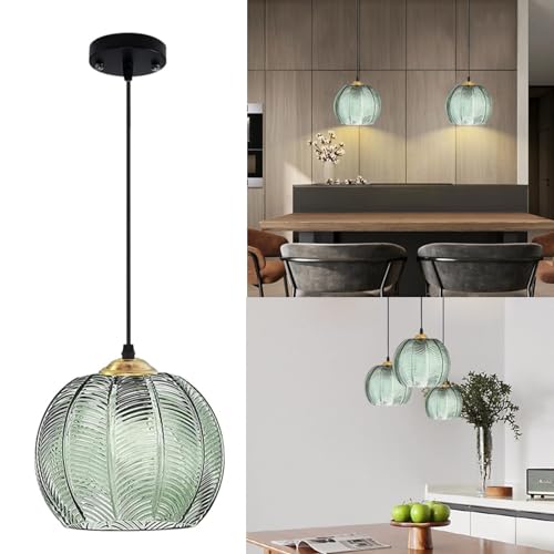 Modern Green Glass Pendant Light, Height Adjustable Hardwired Hanging Ceiling Lamp for Kitchen Island Dining Room Bedroom (Green,25CM)