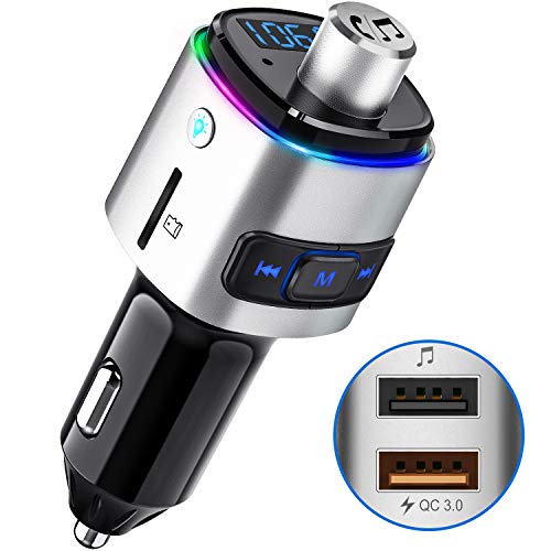 FM Transmitter Car, CHGeek QC3.0 FM Transmitter Car Radio Adapter Handsfree Car Kit with 5V/4A Dual USB Car Charger, Support Voltage Display, TF Card USB Flash Drive and Colorful Light