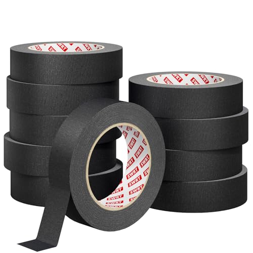SWRT Black Masking Tape 1 Inch x 55 Yards x 10 Rolls Clean Removal