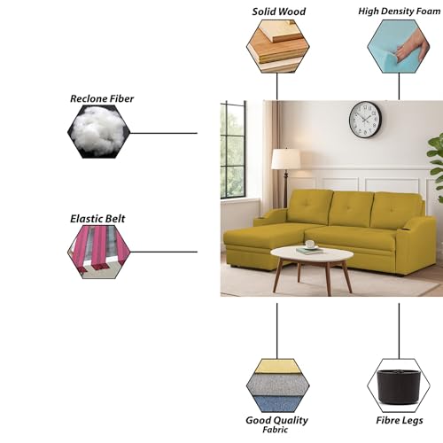 Image of Casaliving Ravonna LHS 4 Seater L Shape Corner Sofa Cum Bed for Living Room (Yellow Fabric) Premium Fabric Sofa