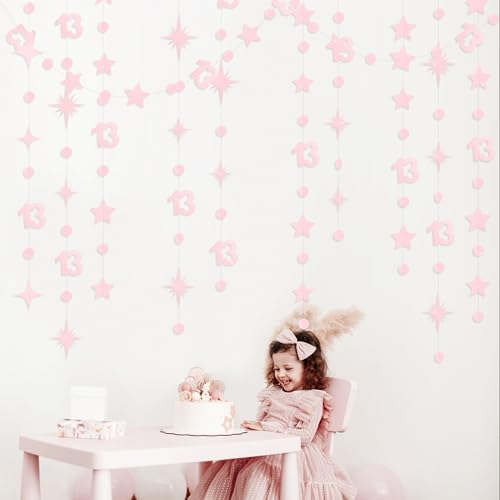 Image of Glitter Pink 13th Birthday Decorations Number 13 Circle Dot Twinkle Star Garland Hanging Streamer Banner Backdrop Girls 13 Year Old Birthday Thirteen Official Teenager 13th Anniversary Party Supplies