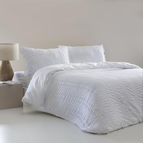 COTTON ARTean Funda Nórdica Cama 150 Seersucker Blanco Funda edredón 240 x 220 + 2 fundas almohada Tejido Bambula. Cierre con Cremallera
