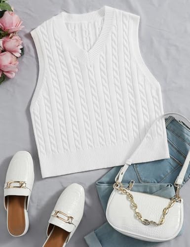 Locachy Women'S Vintage Loose V Neck Sleeveless Cable Knit Preppy Style Pullover Sweater Vest White -M thumb #6