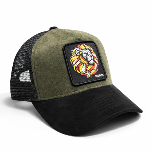 Image of Baseball Cap for Men Original Adjustable Unisex Cap, Mens Caps Stylish, Green & Black Suede Cap with Net Back, Structured 5 Panel A-Frame Trucker Hat with Lion Logo, Fierce King