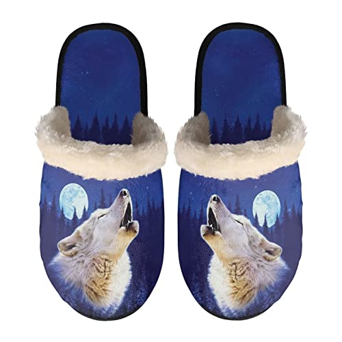 COEQINE Winter House Slippers Anti-Skid Sole,with Wolf Pattern,for Kids Adult Indoor Bedroom Warm Slipper,Size XS-XL