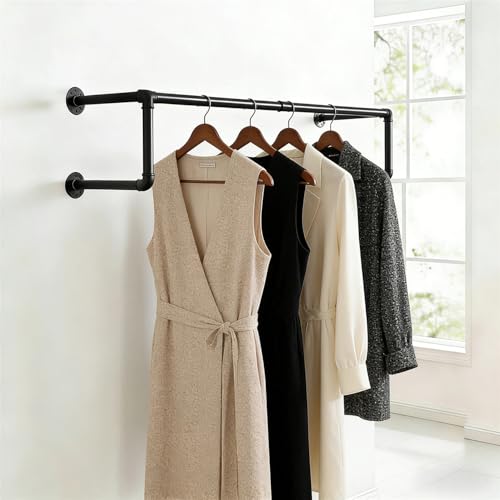 Paipchf Industrial Pipe Clothing Rack,Heavy Duty Wall Mounted Black Iron Garment Bar,Detachable Garment Rack,Multi-purpose Hanging Rod for Closet Storage,36.2" Set of 1