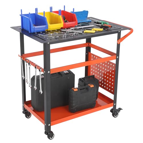 Portable Rolling Welding Table & Workbench 36 in x24 in - 1200 LB Capacity, 5/8 in Slotted Holes, Steel Top with Pegboard, Hooks, Tool Slots & Storage