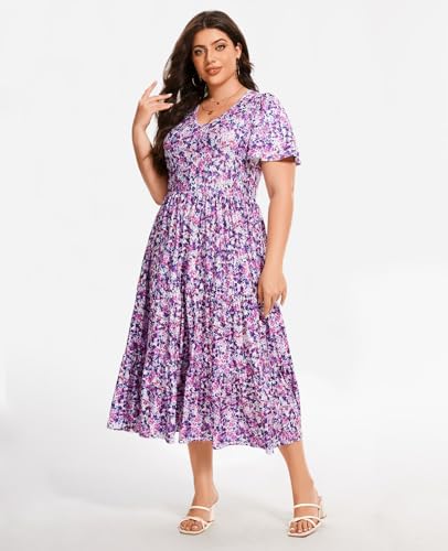 Women's 2025 Plus Size Casual Dress Floral Tiered V-Neck Aline Short Sleeve Summer Maxi Dresses with Pockets2