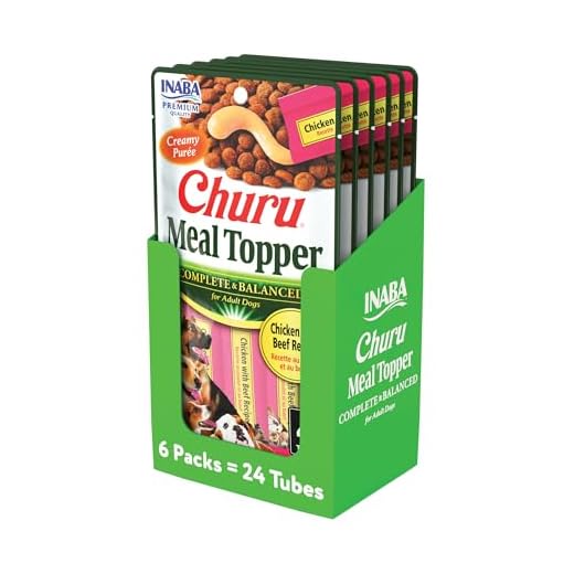 INABA Churu Meal Topper for Dogs, Complete & Balance, Creamy, Lickable Purée Dog Food Topper, 0.5 Ounce Tube, 24 Tubes (4 per Pack), Chicken with Beef Recipe