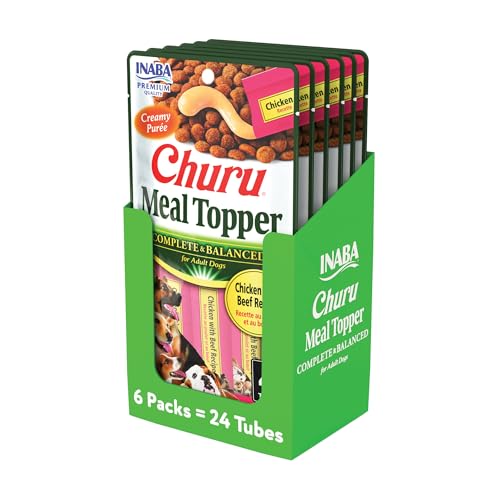 INABA Churu Meal Topper for Dogs, Complete & Balance, Creamy, Lickable Purée Dog Food Topper, 0.5 Ounce Tube, 24 Tubes (4 per Pack), Chicken with Beef Recipe