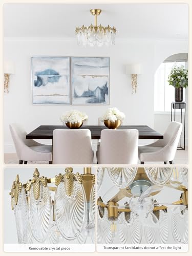 Image of 20 Inch Brass Crystal Fandelier Ceiling Fan with Light, Vintage Bronze Copper Ceiling Fans with Lights Remote Control, Caged with 6 Speeds for Bedroom, Nursery, Living Room