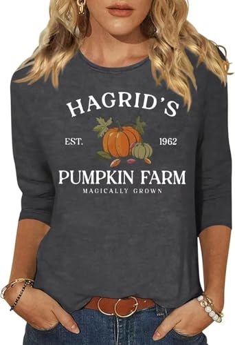 Woffccrd Womens Casual Halloween 3/4 Sleeve Crew Neck Tee Shirts Leopard Pumpkin Shirts Thanksgiving Fall Tops (XXL,9182 Dark Grey)