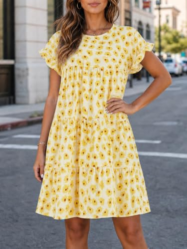 Image of Imysty Womens Boho Floral Ruffle Sleeve Babydoll Loose Flowy Casual Summer Pleated Mini Dress