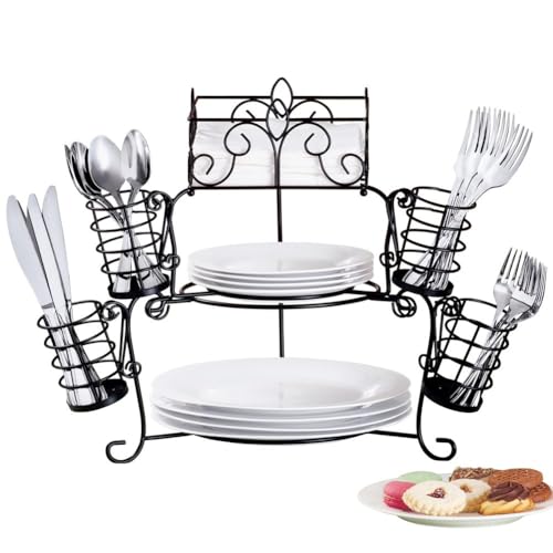 Collections Etc Metal Buffet Organizer with Scroll Design, 7-Piece Set for Plates, Napkins and Cutlery