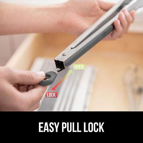Image of GORILLA GRIP Stainless Steel Heat Resistant Kitchen Tongs for Cooking, Set of 2 BBQ Tong, Non Scratch Silicone Tip for Pans, Strong Grip, Grab Food, Toss Salad, Air Fryer, Pull Lock, 7 + 9 Inch, Gray