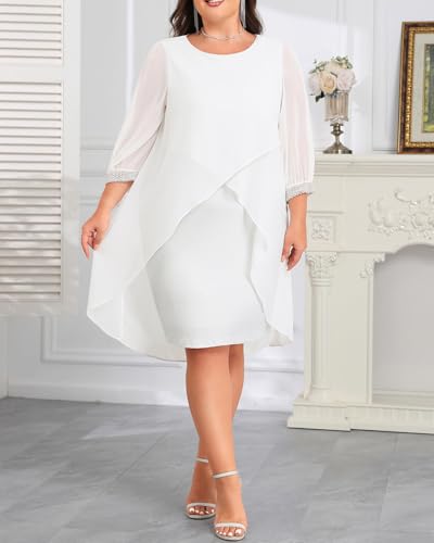 Image of Talisea Plus Size Cocktail Dress - Elegant Chiffon Cape 3 /4 Sleeves Glitter Evening Party Wedding Guest Dresses Women Formal