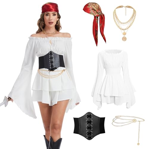 LPFNSF Mittelalter Piratenkostüm Damen, Off Shoulder Weißes Kleid mit Korsett Gürtel, Kopftuch, Taillenkette und Halskette fürHalloween Karneval...