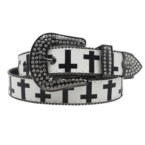 Women's black and white cross pattern belt inlaid with Rhinestone punk Y2K Gothic belt3