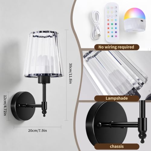 Image of Crystal Battery Operated Wall Sconce Set of 2, Rechargeable Wireless Wall Lights with 5200mAh Dimmable Bulbs and Remote,15 Colors Wireless Wall Lamps for Bedroom Living Room Hallway Decor-Clear black