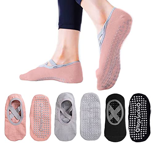 TSHAOUN 3 par yogastrumpor halkfria strumpor, pilates halkfria strumpor, yogastrumpor dam fem sportfingerstrumpor för balett, fitness, 3 färger,...