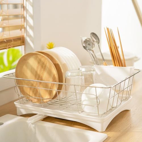 Edelstahl-Geschirrkorb mit abnehmbarer Abtropfschale, Küchenregal für Geschirr, Besteckhalter und Obstaufbewahrung, staubdicht, geeignet für Haushalt und Küche.