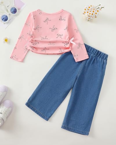 Image of Kucnuzki Toddler Baby Girl Clothes Long sleeve Fall Winter Shirt Tops Baggy Jeans Pants Set Kids Girls Outfits 2 Piece