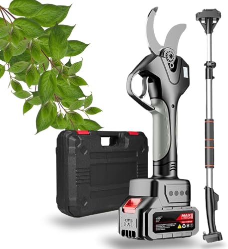 Tijeras de podar eléctricas de 50 mm,Tijeras eléctricas portátiles,Pantalla LCD,Tijeras de podar inalámbricas con pértiga telescópica de 2,1 m, 2Battery (Negro, Alargador de 2,1 m)