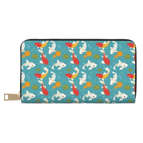 Cute Lotus Leaf Koi Print Wallet Women, Leather Bifold Multi Card Wallet, Long Purse Women's Wallets