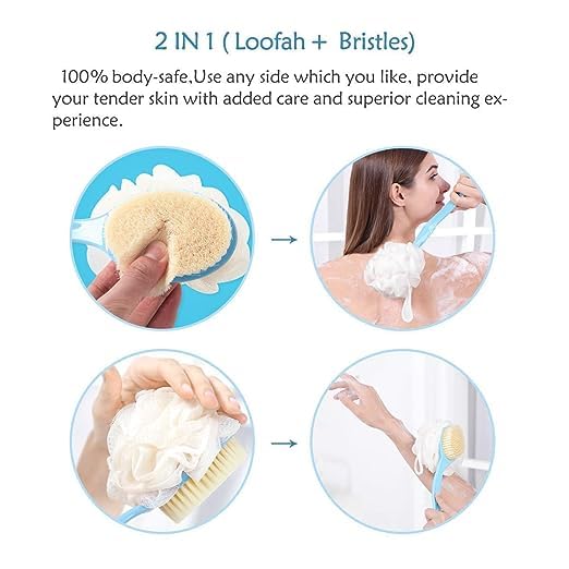 Aryamurti 2 IN 1 Back Body Bath Brush with Bristles and Loofah Back Scrubber with Curved Long Handled for Skin Exfoliating Bath, Massage Bristles Suitable for Wet or Dry, Men and Women(Multi) 2