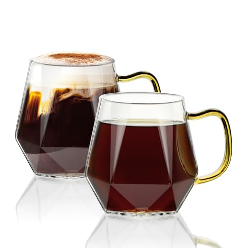 ANZHAN Kaffeegläser 300ml 2er Set aus Borosilikatglas-Hitzebeständig mit Henkel Diamant-Design, ideal für Latte Macchiato, Espresso, Cappuccino und Milch Saft Bier,teegläser-spülmaschinenfest