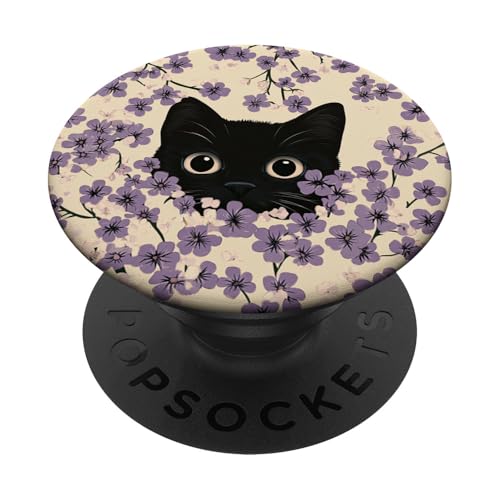 Black Cat in Botanical Flower Purple Floral Pattern Cute Cat PopSockets Adhesive PopGrip