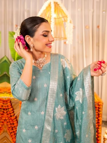 Image of Pinkmint Women Jacquard Silk Ethnic Kurta with Dupatta Suit for Women | Straight Fit Designer Wear with Woven Pattern & Tassel Dupatta | Availble in Plus Size
