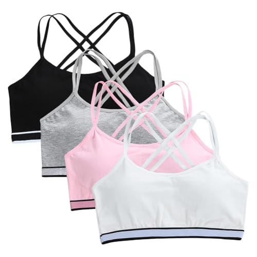 Training Bras for Girls 9-14 Years Old, 4 Pack Girls Sports Bra Cotton Spaghetti Strap Girls Bras with Pads