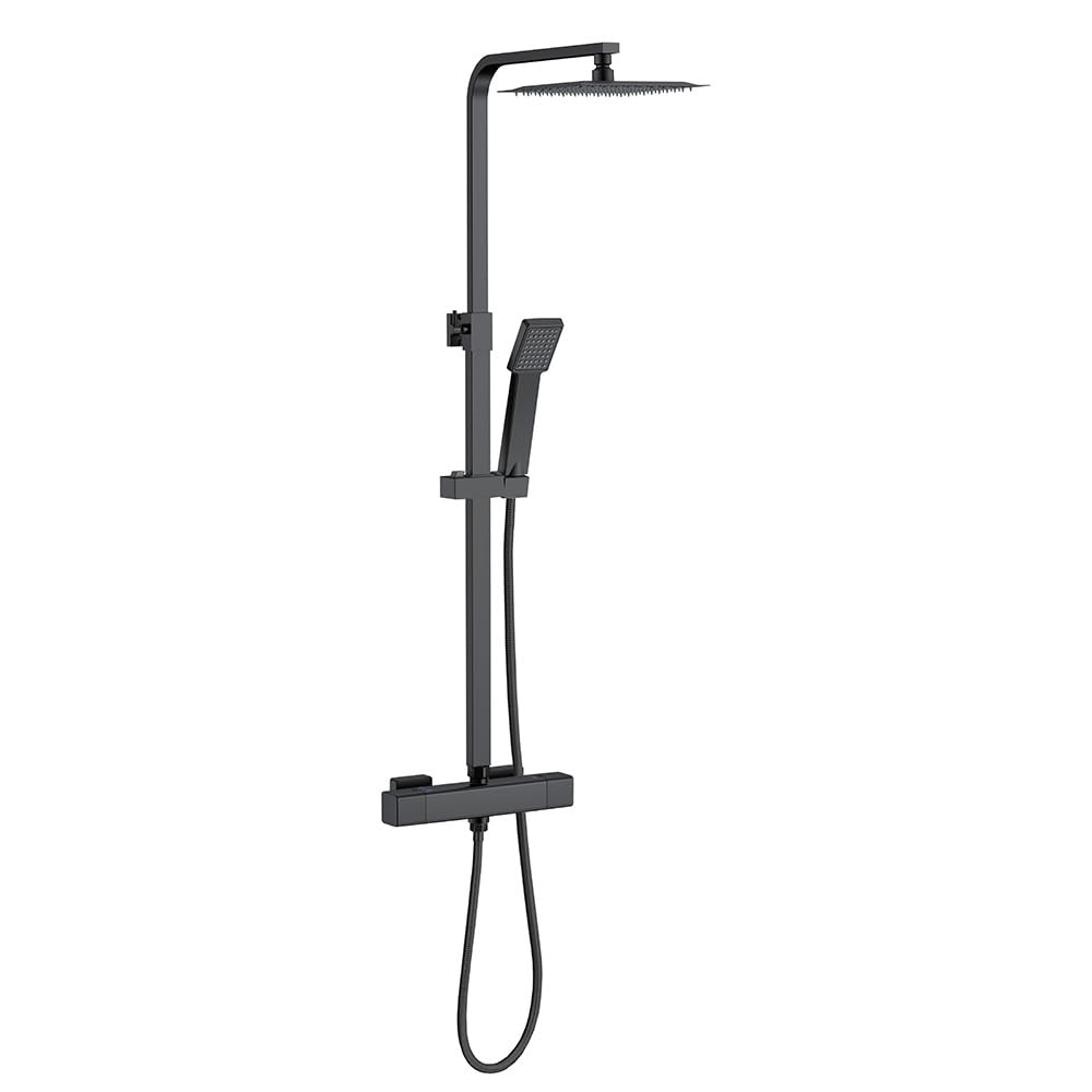 Acezanble Matte Black- Type 1 Thermostatic Shower Mixer Set Matte Black, Square 38 °C Thermostat Shower System With Rainfall Shower Head, Handheld Shower, Anti Scald Shower Mixer Bar Kit, Adjustable Height
