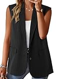 Dokotoo Womens Fashion Vest Tops Summer Lapel Collar Button Up Side Pockets Business Casual Outfits Lightweight Stripes Sleeveless Blazer Jacket Black Medium