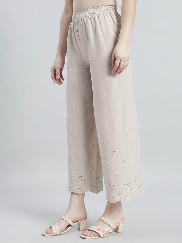 Image of GO COLORS Women Cotton Hakoba Wide Pant Ankle Length, Floral Embroidery, Relaxed Fit, Mid-Rise with Side Pocket