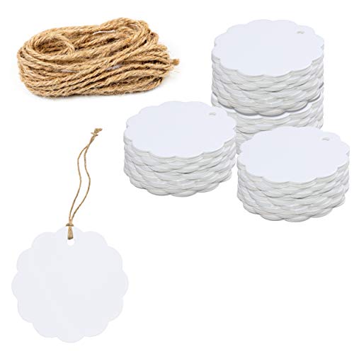 200 PCS White Kraft Scalloped Paper Gift Tags with 100 Feet Natural Jute Twine String for Arts Crafts Packaging (Label Measures 2.4” in Diameter)