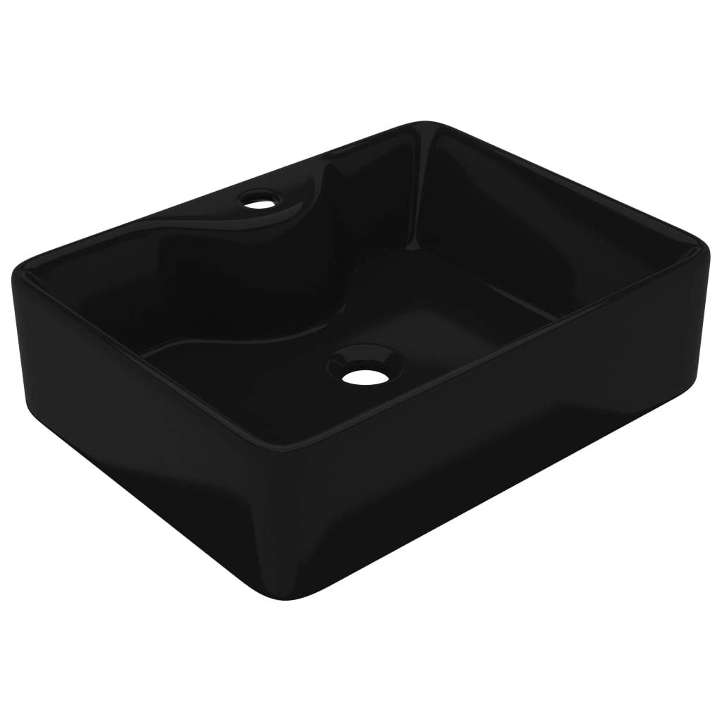 vidaXL Lavabo Cuadrado Cerámica Negro Orificio de Grifo y Desagüe